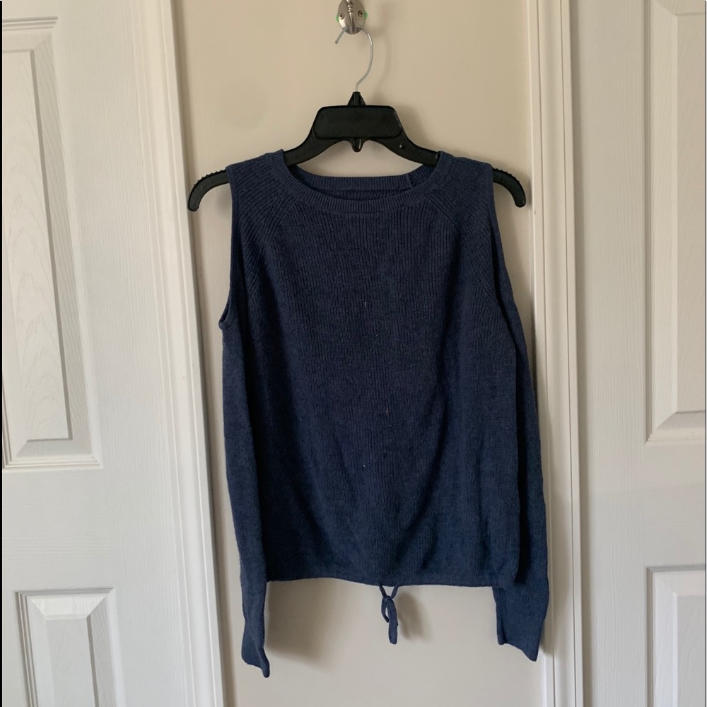 dark blue knitted open shoulder sweater